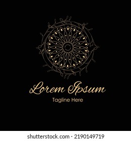 Decorative elegant floral circle badge logo vector illustration with dummy text on dark background.