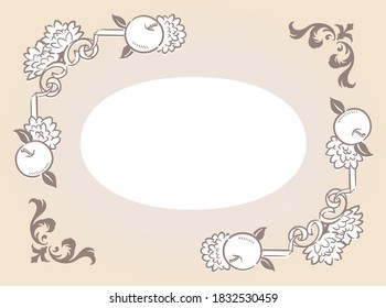 Decorative elegant frame with crabapple and mum flowers in antique and vintage style. Vector illustration.