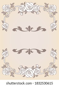 Decorative elegant frame with rose flowers in antique and vintage style. Vector illustration.