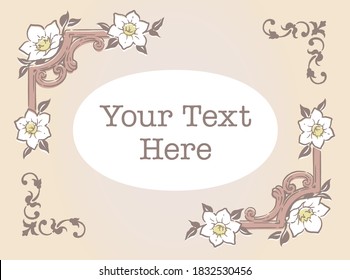 Decorative elegant frame with ucharis lily flowers in antique and vintage style. Vector illustration.