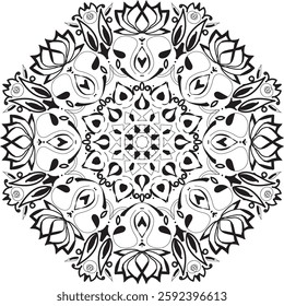 Decorative elegant mandala with floral elements. Vector black and white illustration.