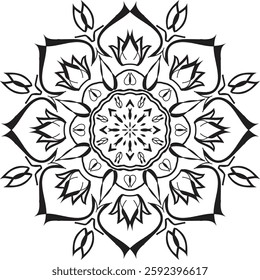 Decorative elegant mandala with floral elements. Vector black and white illustration.