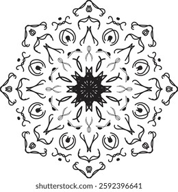 Decorative elegant mandala with floral elements. Vector black and white illustration.