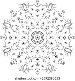 Decorative elegant mandala with floral elements. Vector black and white illustration.