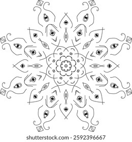 Decorative elegant mandala with floral elements. Vector black and white illustration.