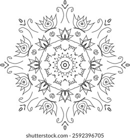 Decorative elegant mandala with floral elements. Vector black and white illustration.