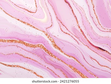 Decorative elegant pink liquid marble design with rose gold glitter elements