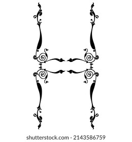 Decorative Element With Abstract Floral Motifs. Medieval Illuminated Manuscript Vignette. Stylized Letter H. Black And White Silhouette.