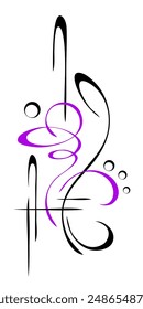 Decorative element with abstract ornament in black smooth lines with curls and circles; graphic design