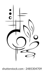 Decorative element with abstract ornament and stylized leaves; graphic design
