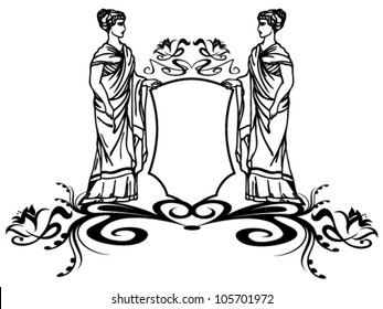 decorative element with ancient greek goddesses holding a shield