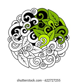Decorative element. Ball. Leaves. Vector graphics. The shape of the circle. For coloring. Greenery.
