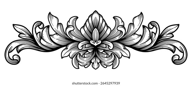 Decorative element baroque damask victorian  engraving border ornament. Luxurious rococo design. Flourish, filigree, scroll, swirl ornamental