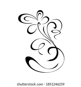 decorative element with a blooming flower and vignettes in black lines on a white background
