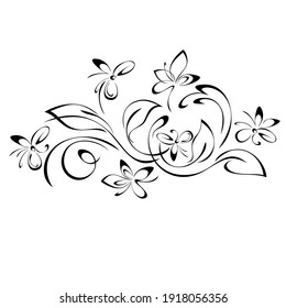 decorative element with blooming flowers on stems with leaves and curls in black lines on a white background