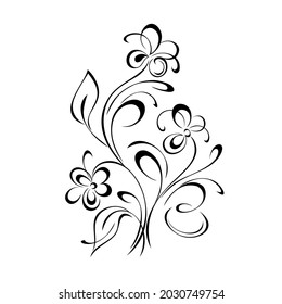 dekoratives Element mit blühenden Blumen auf gewölbten Stielen mit Blättern und Bögen. Grafikdekor