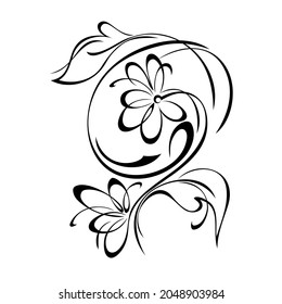 decorative element with blooming flowers on stems with leaves and curls in black lines on a white background