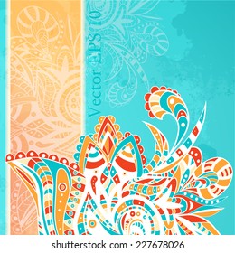 Decorative element border. Abstract invitation card. Template oriental design for card. Abstract watercolor blobs background, floral ornament, hand drown pattern, ethnic  maritime theme for design