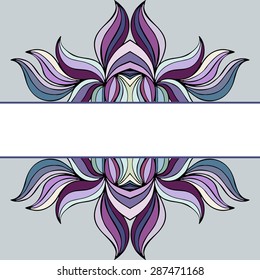 Decorative element border with hand drawing symmetric doodle flower with wave design in purple color. Kaleidoscope element. Vector illustration eps8