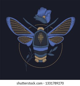 Decorative element butterfly - hawk moth with a flower. Imitation of embroidery, glass beads, gold