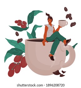 Decorative element for coffeehouse or coffee packaging. Tiny woman sitting on edge of huge coffee cup, flat vector illustration isolated on white background.