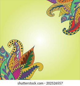 Decorative element corners. Abstract invitation card. Template leaves design for card. Abstract paisley background, floral theme seamless pattern, vector leaves ornaments - summer