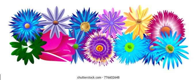 Decorative element for creating an exclusive design in the form of a set of flowers or part of the frame for cards of different colors: lilies, tulips, asters, exclusive design, vector graphics.