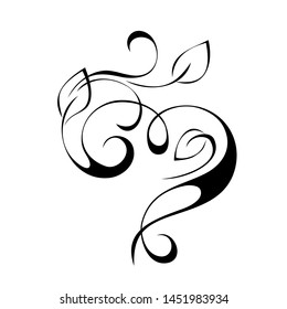 decorative element with curls and leaves in black lines on white background