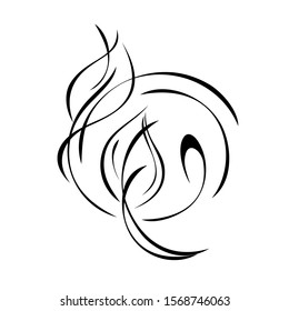 decorative element with curls and leaves in black lines on white background