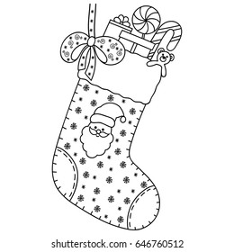 Decorative element for decoration for New Year and Christmas. Holiday design - toys, gifts, candy, snowflakes, bow, sock and Santa Claus. Coloring book page.