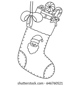 Decorative element for decoration for New Year and Christmas. Holiday design - toys, gifts, candy, snowflakes, bow, sock and Santa Claus. Coloring book page.