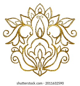 A decorative element for the design, isolated on a white background. Stylized embroidery in gold.  Hand-drawn illustration. Drawing with dots. Vector