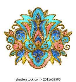 Un elemento decorativo para el diseño, aislado en un fondo blanco. Borde estilizado en oro.  Ilustración dibujada a mano. Dibujar con puntos. Vector