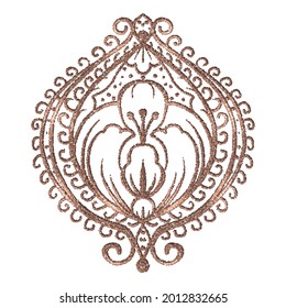 A decorative element for the design, isolated on a white background. Stylized embroidery in gold.  Hand-drawn illustration. Drawing with dots. Vector