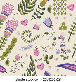 Decorative element doodle flowers, leaves and butterflies seamless pattern