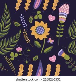 Decorative element doodle flowers, leaves and butterflies seamless pattern