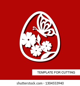 Decorative element - Easter Egg with floral ornament and butterfly. White object on red background. Template for laser cutting, wood carving, paper cut and printing. Vector illustration.