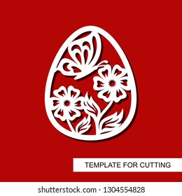 Decorative element - Easter Egg with floral ornament and butterfly. White object on red background. Template for laser cutting, wood carving, paper cut and printing. Vector illustration.