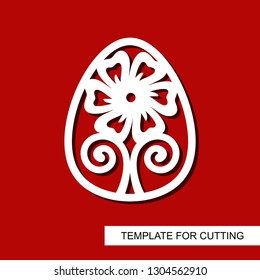 Decorative element - Easter Egg with floral ornament. White object on red background. Template for laser cutting, wood carving, paper cut and printing. Vector illustration.
