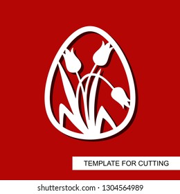 Decorative element - Easter Egg with floral ornament. White object on red background. Template for laser cutting, wood carving, paper cut and printing. Vector illustration.