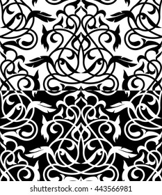 Decorative element eastern pattern.Damask ornament.Seamless white and black design.Oriental  endless monochrome tracery.
