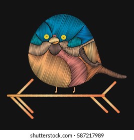 Decorative element for embroidery. Bird embroidery on black background. Vector decorative element for embroidery, patches and stickers.