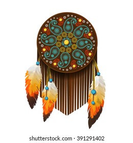 Decorative element in ethnic or Boho style. Round character with fringe, feathers and beads. Beautiful pattern. Vector design. Print for t-shirt