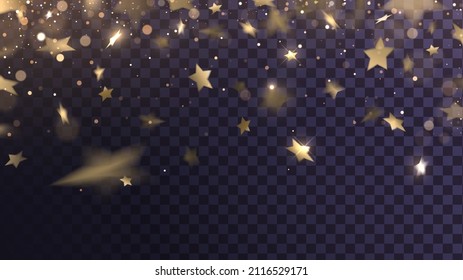 Decorative element with falling golden stars with blur effect on transparent background