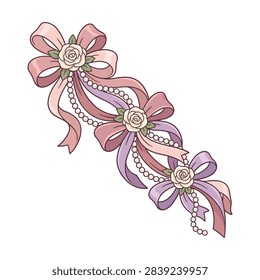 A decorative element featuring multiple pastel ribbon bows adorned with delicate roses and strands of pearls