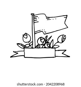 Decorative element with a flag, flowers and ribbon. A hand-drawn sketch. Vector doodle illustration
