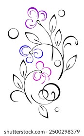 Decorative element with floral ornament with stylized flowers on stems with leaves and curls; graphic design