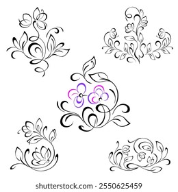 decorative element with a floral pattern of stylized flowers on curved stems with leaves and curls; graphic design; SET