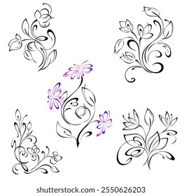 decorative element with a floral pattern of stylized flowers on curved stems with leaves and curls; graphic design; SET