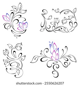 decorative element with a floral pattern of stylized flowers on curved stems with leaves and curls; graphic design; SET